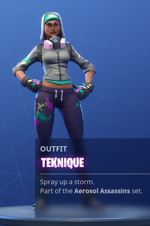 teknique looks like she ll enjoy the new emotes in the battle pass that allow you to place sprays on various surfaces on the map she s unlocked at tier 23 - fortnite teknique spray