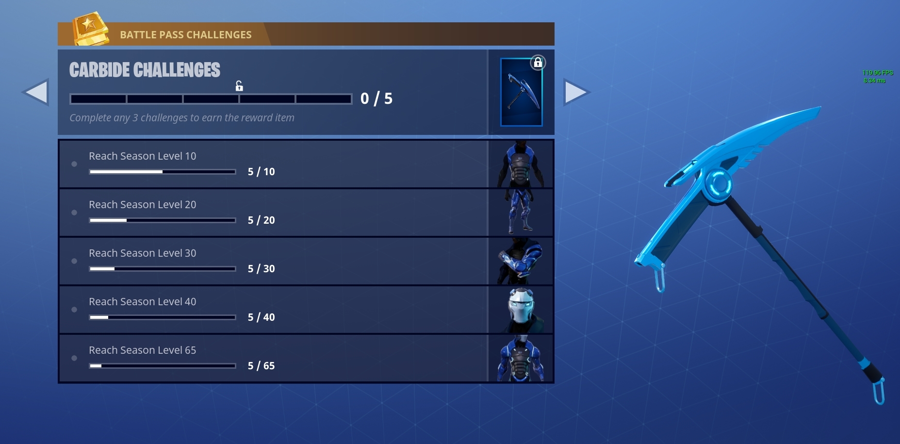 both carbide and omega s pickaxes can be unlocked via their challenges once you own both skins - fortnite pickaxe skins list
