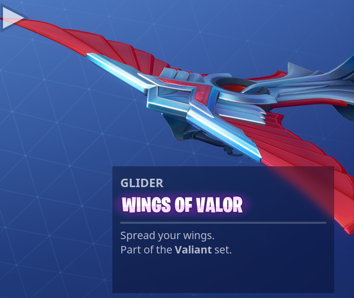 Check Out All The New Pickaxes And Gliders Found In Fortnite S - wings of valor matches perfectly with the valor outfit and gale force pickaxe and the whole set can be found within the battle pass this season