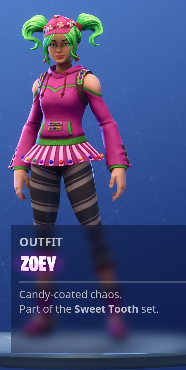 zoey looks like a deranged candyland reject and we love it we feel like this will become one of the more annoying skins to die to in season four - fortnite spray paint skin girl
