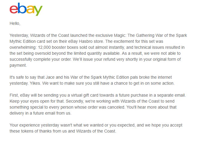 eBay apology letter War of the Spark Mythic Edition
