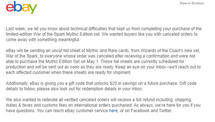 Ebay compensation letter War of the Spark Mythic Edition