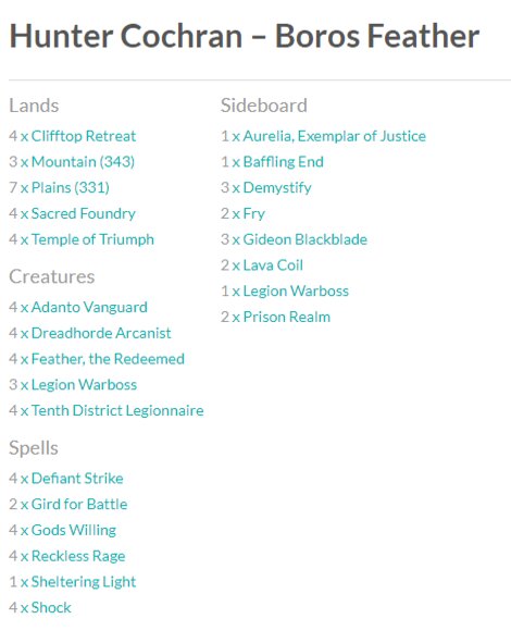 Boros Feather MTG Grand Prix top eight decks